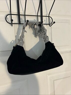 Black Velvet Shoulder Bag with Crystal-Embellished Handle